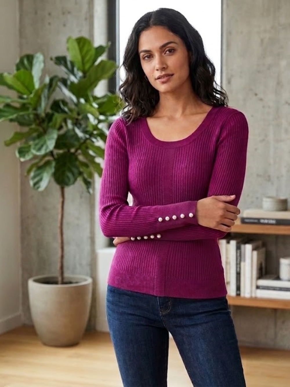 LOFT Scoopneck Ribbed Sweater with Pearl Cuff - Plum